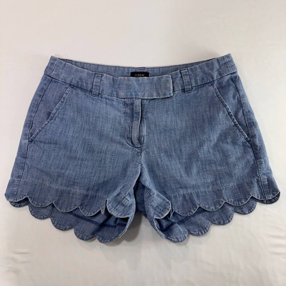 J.Crew Scalloped Hem Chambray‎ Shorts Women Size 2 Blue Cotton | Coastal Preppy